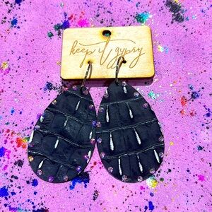 New Keep It Gypsy Black And Silver AB Croc Leather Teardrop Earrings